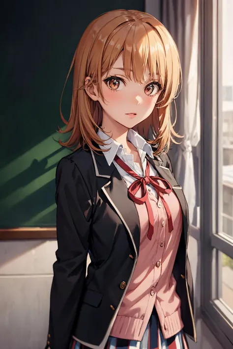 masterpiece, best quality, highres, aairoha, medium hair, school uniform, neck ribbon, collared shirt, blazer, black jacket, open jacket, long sleeves, plaid skirt, <lora:isshiki_iroha_v1:0.7>,close portrait, ð