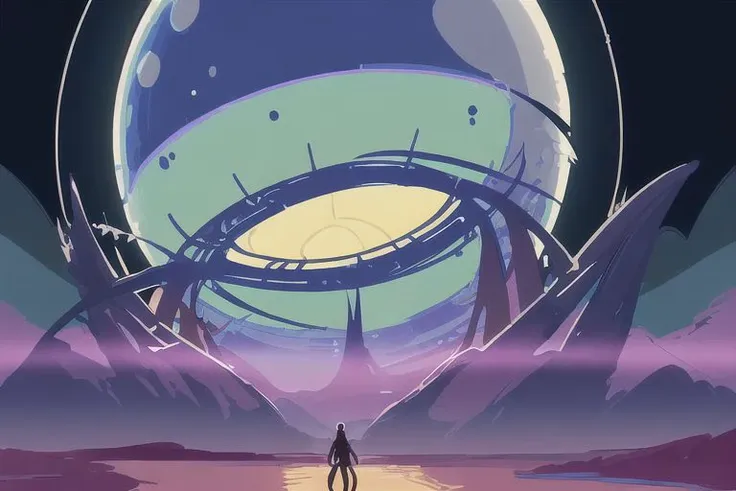 anime scene of a man standing in front of a giant alien spaceship