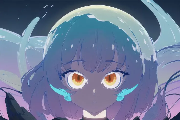 anime girl with blue hair and big eyes standing in front of a full moon