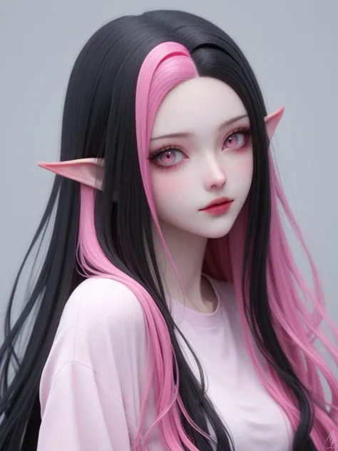 a woman with long black hair and pink hair wearing a pink shirt