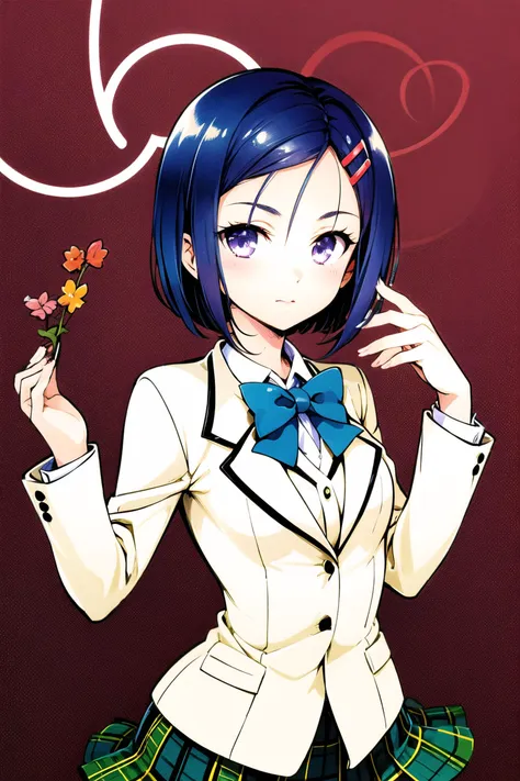 anime girl with blue hair and a white jacket holding a flower