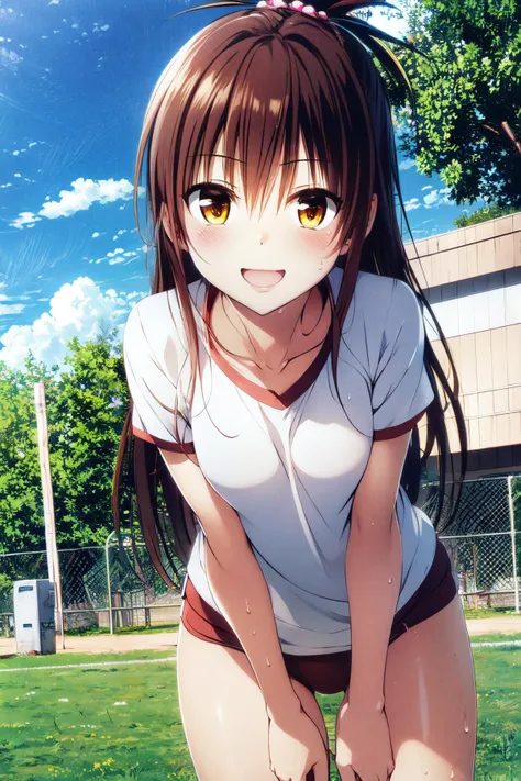 anime girl with long brown hair and white shirt standing in a field