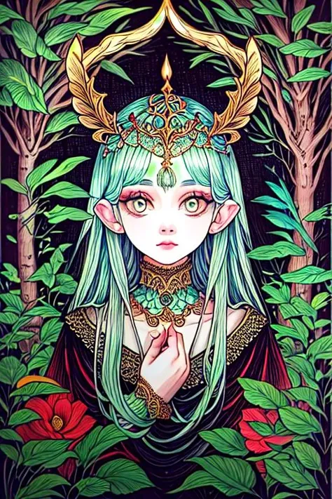 a painting of a woman with horns and a crown in the woods