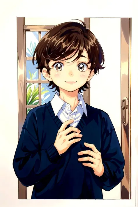 anime boy with brown hair and blue shirt standing in front of a door