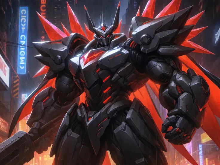 best aesthetic,lolsplashart,(Project Mordekaiser:1.3),solo,armor,holding,weapon,male focus,alternative clothing,red study,holding weapon,armor,glowing,glowing study,city,a sci-fi scene with a huge silver mech,standing on a city street overlooking the groun...