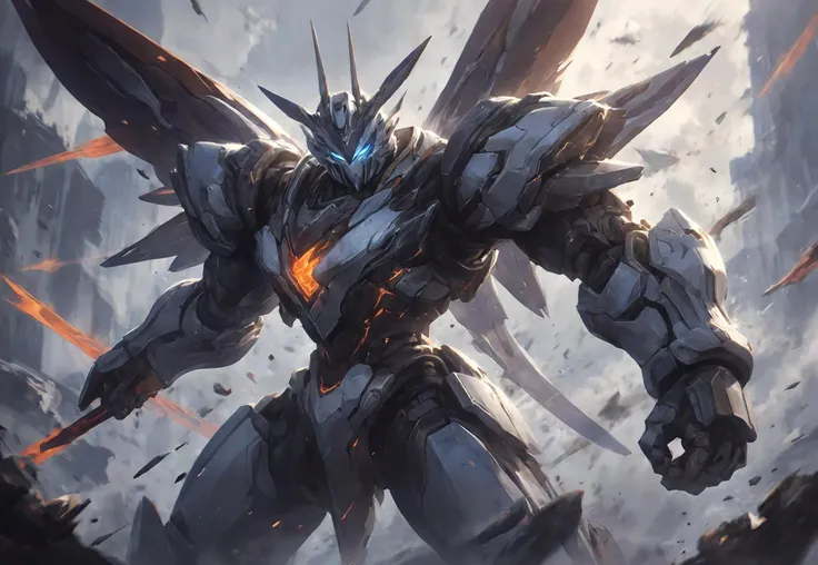 Game Illustration,League of Legends Splash Art,a white mech fighting on a war-torn battlefield,particle stream wings,<lora:p4-nijimecha-000010:0.7>,nijimecha,lolsplashart,<lora:Hyper-SDXL-4steps-lora:0.8>,