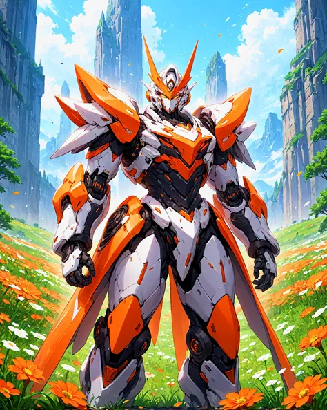 An orange mech standing in a meadow full of flowers,the whole scene looks sacred and beautiful,<lora:Hyper-SDXL-4steps-lora:0.8>,<lora:p4-nijimecha-000010:0.5>,nijimecha,