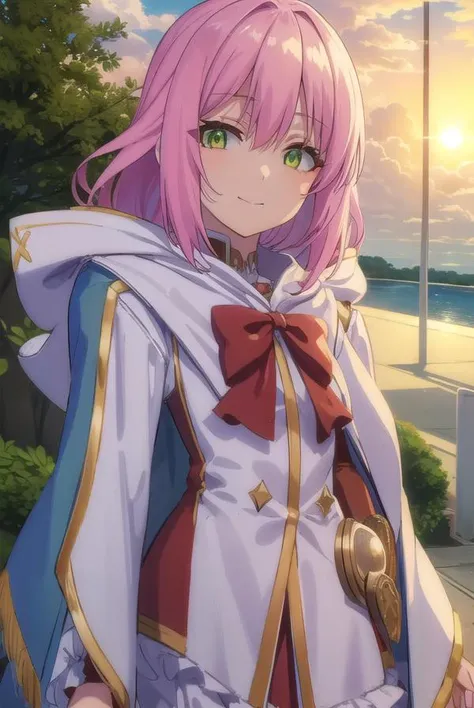 nornclatalissajioral, <lora:norn clatalissa jioral s1-lora-nochekaiser:1>,
norn clatalissa jioral, long hair, hair between eyes, (green eyes:1.5), pink hair, smile,
BREAK long sleeves, dress, bow, red bow, hood, robe, white robe,
BREAK outdoors, forest, na...