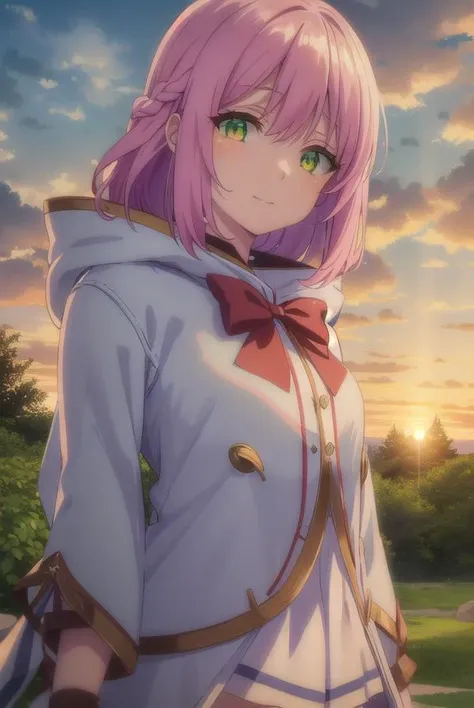 nornclatalissajioral, <lora:norn clatalissa jioral s1-lora-nochekaiser:1>,
norn clatalissa jioral, long hair, hair between eyes, (green eyes:1.5), pink hair, smile,
BREAK long sleeves, dress, bow, red bow, hood, robe, white robe,
BREAK outdoors, forest, na...