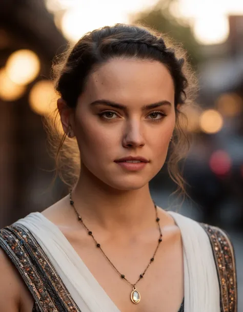 a woman in a white dress and a necklace with a cross on it