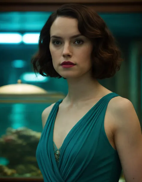 a woman in a blue dress standing in front of a fish tank