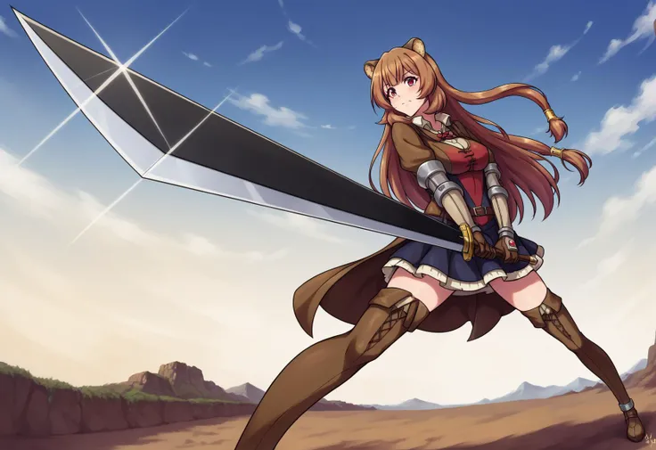 score_9, score_8_up, score_7_up, BREAK 
source_anime,masterpiece, top quality, best quality, 1girl, sunrise stance, holding, holding weapon, holding sword, standing,
raphtalia, <lora:pony-sunrise2:0.8>, red eyes, leather stocking,