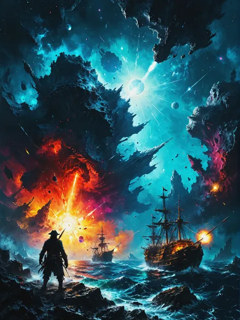 Stellar pirates plunder asteroid treasures, ultra-fine digital painting, <lora:xl_more_art-full_v1:0.3>,  <lora:Desolation:0.6> <lora:gorgoeus_splash_of_vibrant_paint:0.7> Gorgeous splash of vibrant paint