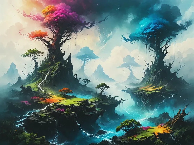 Floating islands drift through ethereal skies, ultra-fine digital painting, <lora:xl_more_art-full_v1:0.3>,  <lora:Desolation:0.6> <lora:gorgoeus_splash_of_vibrant_paint:0.7> Gorgeous splash of vibrant paint