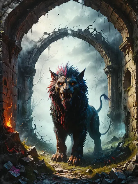 a <lora:ral-mythcr:0.7> manticore in a Ruined castle haunted by banshees, ultra-fine digital painting, <lora:xl_more_art-full_v1:0.3>,  <lora:Desolation:0.6> <lora:gorgoeus_splash_of_vibrant_paint:0.7> Gorgeous splash of vibrant paint