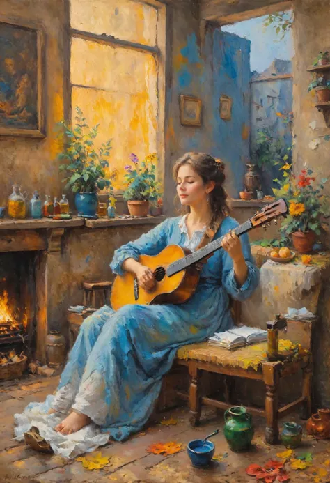 painting of a woman sitting on a bench playing a guitar