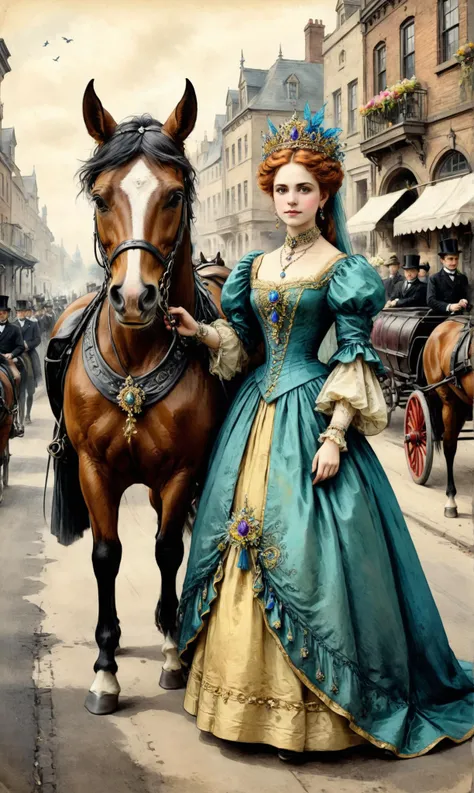 a Victorian fairy queen with regal presence at a Horse-drawn funeral procession through streets, ultra-fine digital painting, <lora:xl_more_art-full_v1:0.3>,   <lora:ParchartXL-1.5:0.7> on parchment, ink illustration, <lora:gorgoeus_splash_of_vibrant_paint...