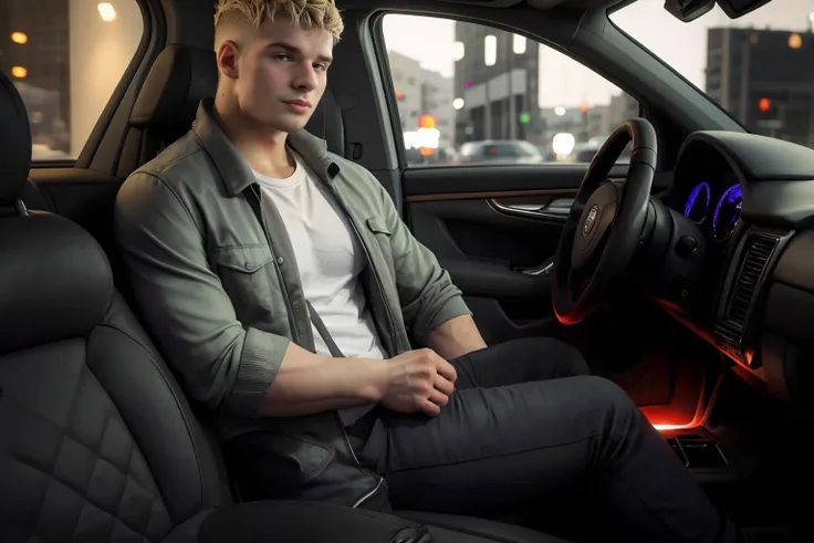 three quarter side view, hyperrealistic, (masterpiece), high details, ultra-realistic, photograph of <lora:malikdv9:1> malikd, muscular male, blonde hair, short hair, facial hair, male focus, sitting in a Cadillac, behind steering wheel, car interior, dash...