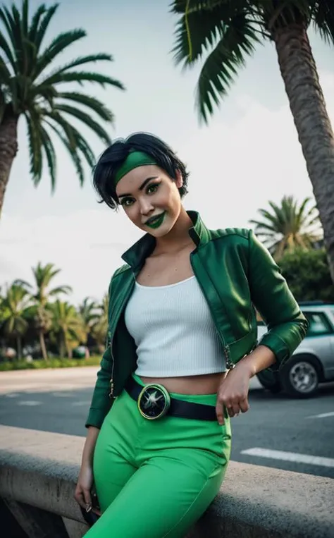 fashion photography, full body portrait, Jade, short black hair, green eyes, green lips, JDAttire, (headband:1.2), crop top, cropped jacket, fingerless gloves, pants with green design, belt, sitting, cheerful grin, (lush island landscape), palm trees, (spa...