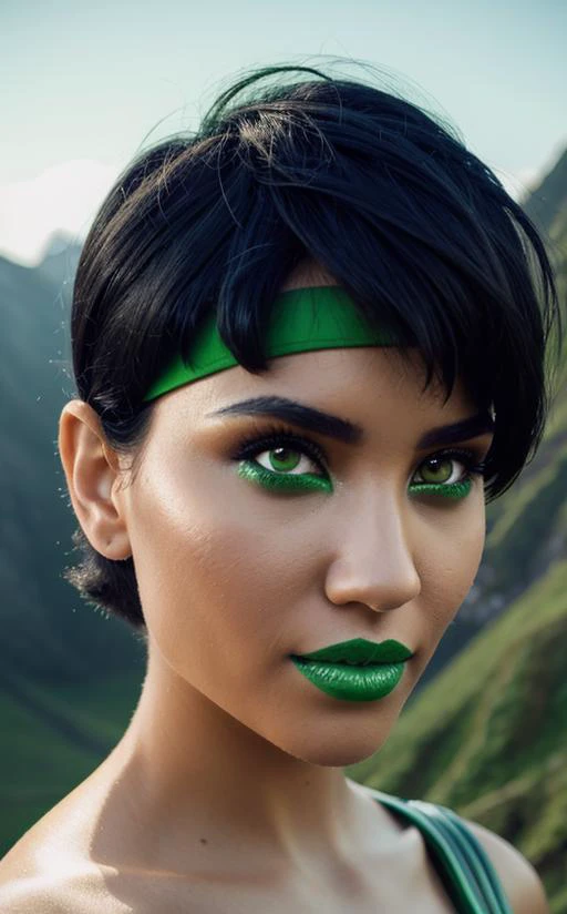 fashion photography, portrait, Jade, short black hair, green eyes, green lips, headband, a futuristic landscape in the background <lora:JadeBGE-10v6:1>