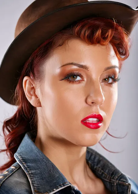 a close up of a woman with a hat and red lipstick