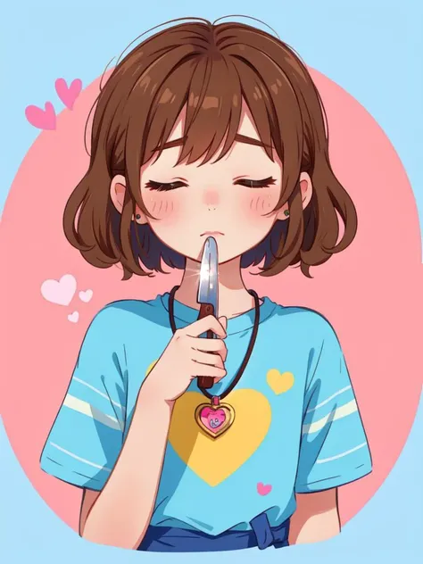 (masterpiece, best quality, detailed:1.5), solo, <lora:Frisk_Undertale:0.8> frisk undertale, brown hair, short hair, closed eyes, blue and pink striped shirt, (heart locket, holding an old knife:1.1)