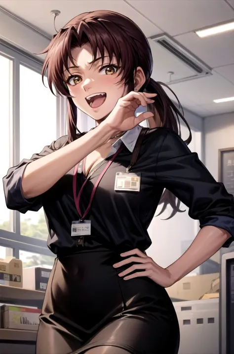 anime girl in black dress posing in office with her hands on her hips