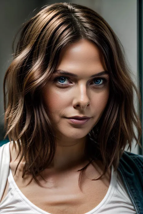 a woman with a white shirt and blue eyes posing for a picture