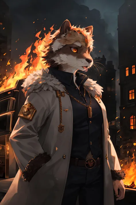 otter, detective, anthro, female, fur coat, (best quality), (detailed fire urban background:1.2), dramatic lighting, (detailed fluffy fur:1.1), (fantasy:1.2)