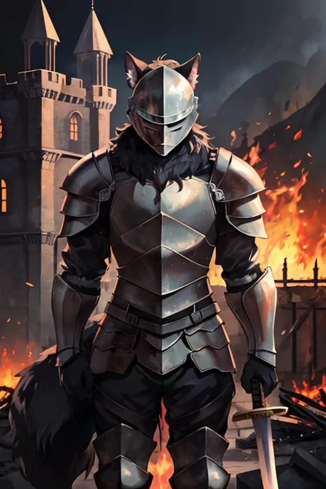 cat in armor, full armor, (helmet:1.2), crestfallen, dark knight, solo, (body fur:1.2), (best quality), sad contex, (detailed fire ruined castle background:1.2), (detailed fluffy fur:1.1),   tail, sad,sword in hand