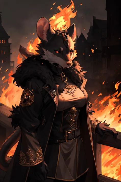 rat, anthro, female, fur coat, (best quality), (detailed fire urban background:1.2), dramatic lighting, (detailed fluffy fur:1.1), (fantasy:1.2)