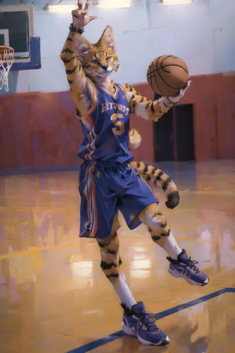 absurdres, highres, ultra detailed, masterpiece, sharp shading,basketball court
furry boy,servalcat,soumao,high detail fur,fur paws,v pose,sportwear,high detail eyes,
looking at viewer,<lora:Oilpainting:0.5>  <lora:servalcat:0.6>