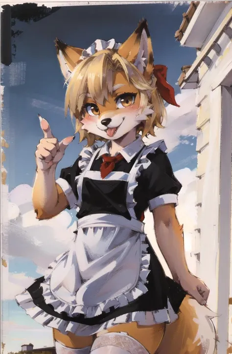 absurdres, highres, ultra detailed, masterpiece, sharp shading,traditional media, chibi, (;p:1.2)
fox furry girl,kid,black dress,(white apron:1.2),sovietform,communism, wind,wariza,outdoors,
blonde,high detail fur, fur paws,white thighhighs,red neckchief,(...