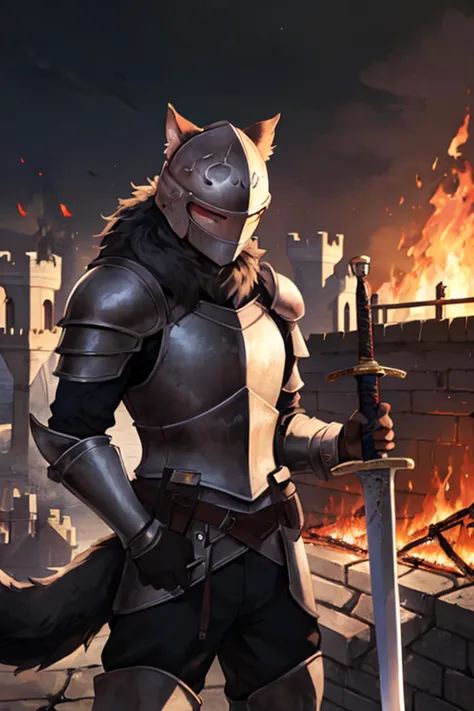 cat in armor, full armor, (helmet:1.2), crestfallen, dark knight, solo, (body fur:1.2), (best quality), sad contex, (detailed fire ruined castle background:1.2), (detailed fluffy fur:1.1),   tail, sad,sword in hand