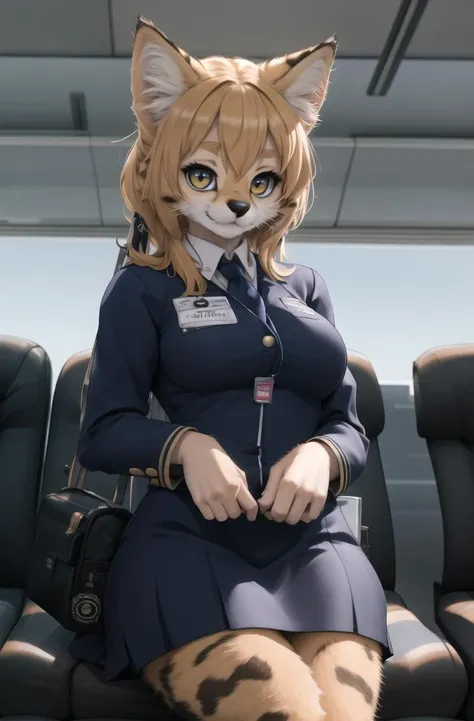 a woman in a uniform sitting on a chair with a cat head