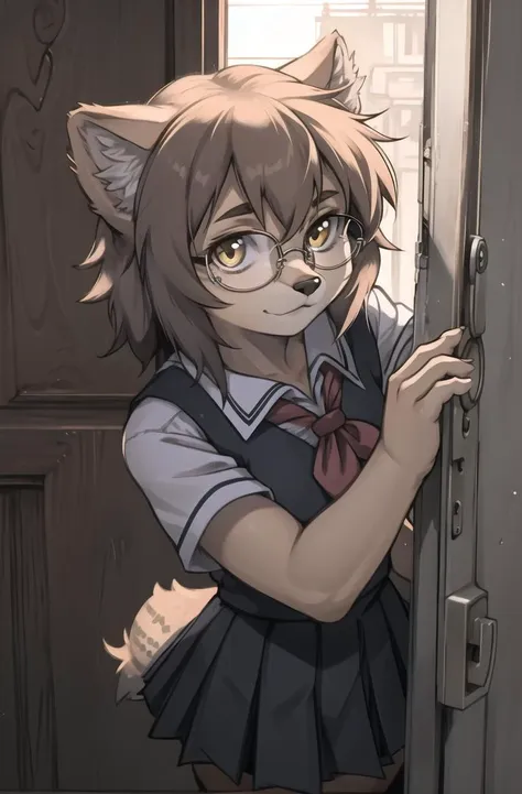 anime girl with glasses and a cat ears leaning against a door