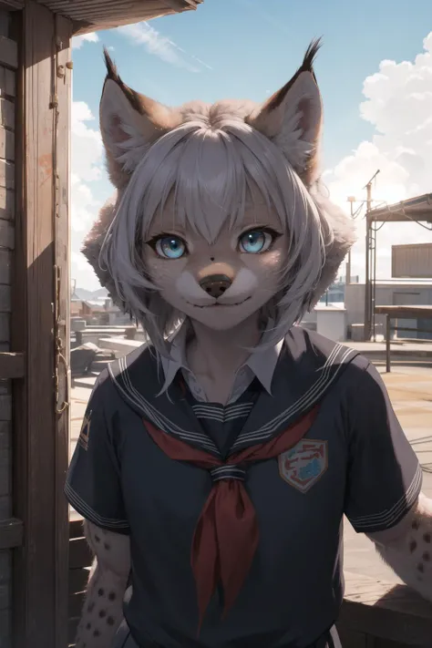 masterpiece, best quality,furry girl,outdoor,hdr,blue sky,sunlight,
perfect light,dark skin,animal nose,solo,detail fur,epic movie concept
adorable,black school uniform, looking at viewer,sheli,lynx,drama
<hypernet:furry_kemono:0.3> <lora:Lynx:0.6>