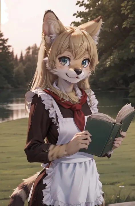 anime girl in maid outfit reading a book in a park