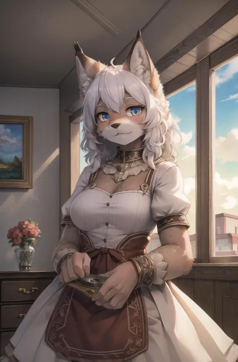 masterpiece, furry girl,8k,hdr,hires,high detail fur,perfect lighting,cowboy shot,cloud
(indoors:1.2),sunlight,lynx,rim light,solo,perfect anatomy,dress
look at looking at viewer,oil painting,traditional media, platinum hair
 <lora:Lynx:0.7>  <hypernet:fur...