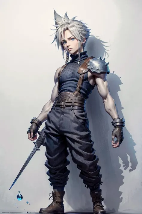 male face, male, (looking at viewer:1.0), ((masterpiece:1.4, best quality)), (full-body shot:1.6). forest,
detailed eyes, detailed face, (standing:1.2), (blue eyes:1.2), (highlight in eyes:1.2), 
 <lora:cloudstrife-nvwls-v1:0.9> cloud strife, shoulder armo...