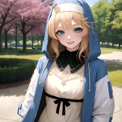 masterpiece, best quality, 1girl, beautiful, fine, delicate, extremely intricate, detailed, blonde hair, jacket, blue eyes, ((masterpiece)), extremely detailed, best quality, high resolution, ((at a park)), Bridget, smile,  <lora:Bridget:1>