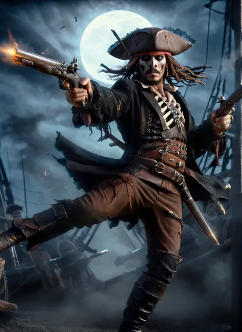 Captain Jack Sparrow (skeletonized) firing two (flintlock) pistols, looking and aiming at viewer, action shot, moonlight, moon, black smoke, 16k, UHD, DSLR, insane details, award-winning photo, <lora:XL_Weapon_Dual_Pistols_-_By_HailoKnight:0.65>, <lora:dEn...