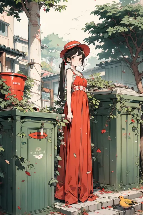 anime girl in red dress and hat standing on a fence