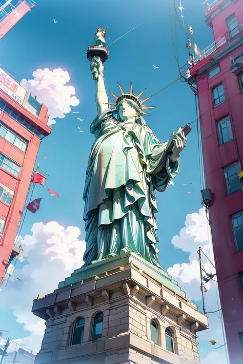 there is a statue of liberty in the middle of a city