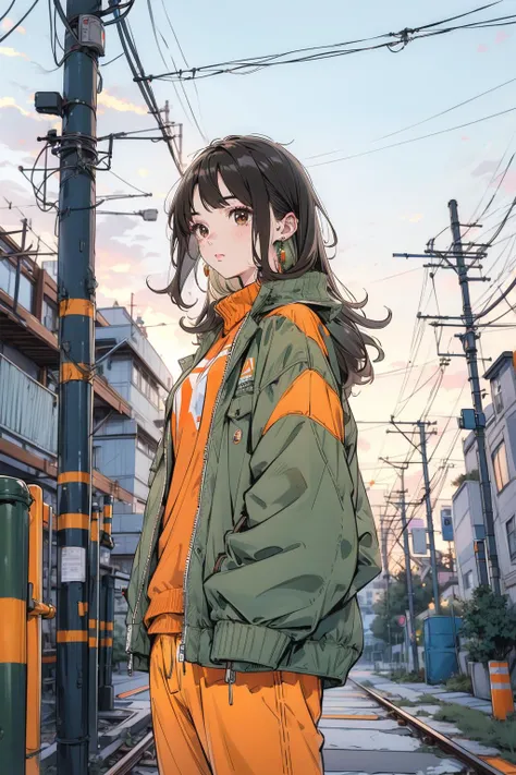 anime girl in orange tracksuit standing on train tracks in urban setting