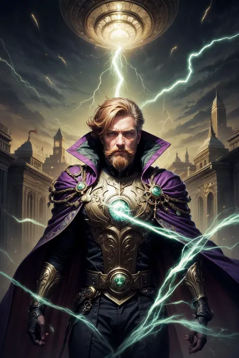 a man in a purple cloak and purple cape standing in front of a lightning