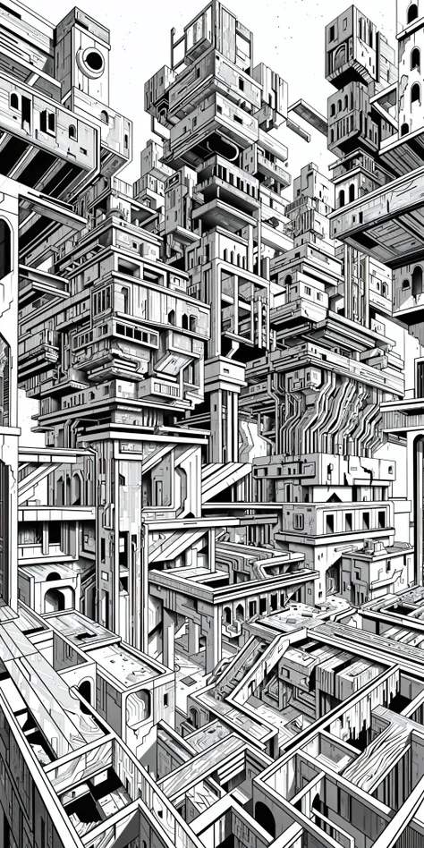 (masterpiece, best quality), derelict futuristic city, blocks of destroyed buildings, nature grows on ruins, Labyrinth, ((monochrome)), ((lineart)), ((plain black and white)), intricate detailed linework and a gritty, realistic aesthetic, shading and cross...