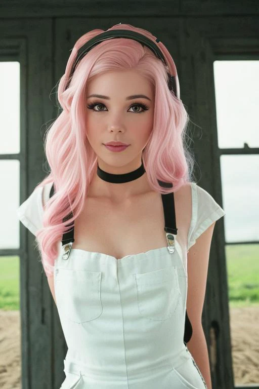 a woman with pink hair and a white dress posing for a picture