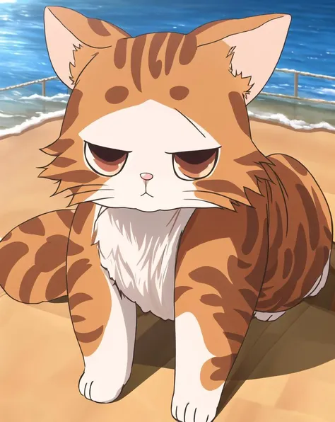 anime cat sitting on the beach with a sad look on its face