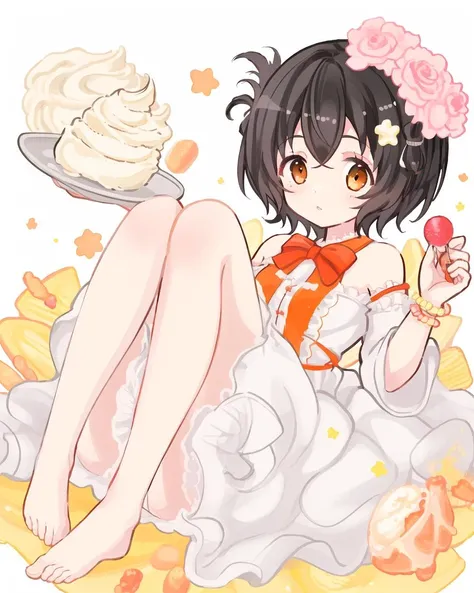 anime girl with a plate of food and a cupcake